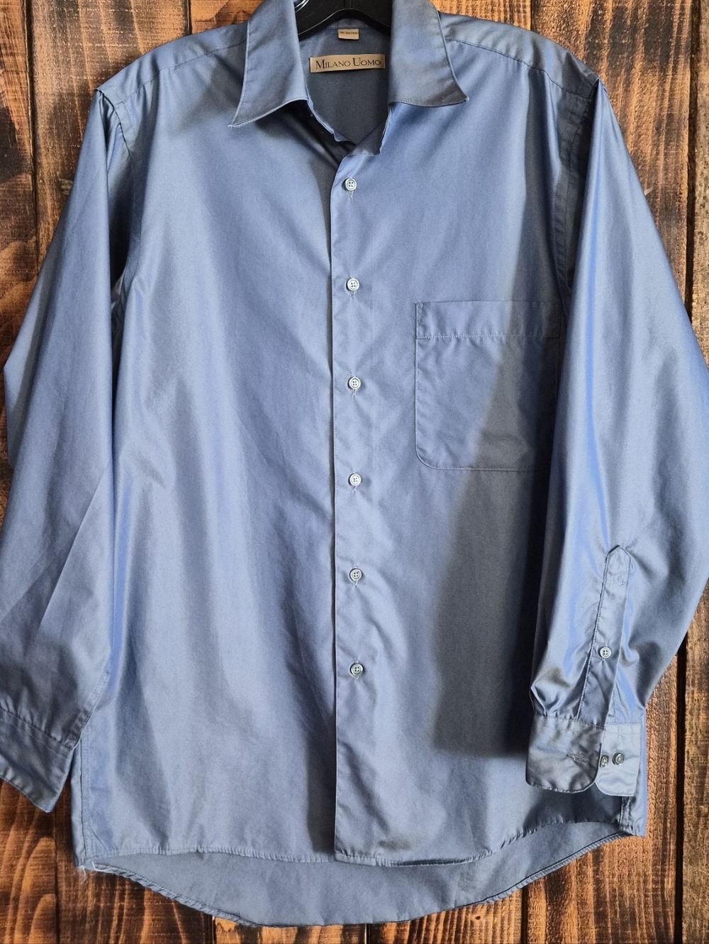Milano Uomo Dress Shirt Mens 15 32/33 Blue Iridescent Satin Button Front